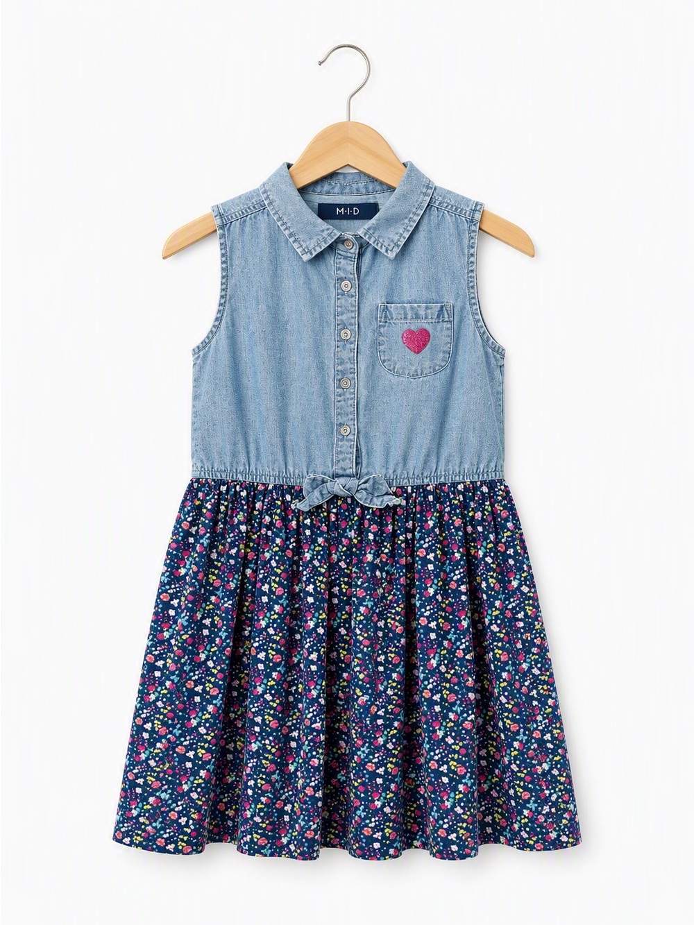 M·I·D Kids Mixed Media Chambray Floral Heart Utility Shirt Dress Sleeveless 7Y